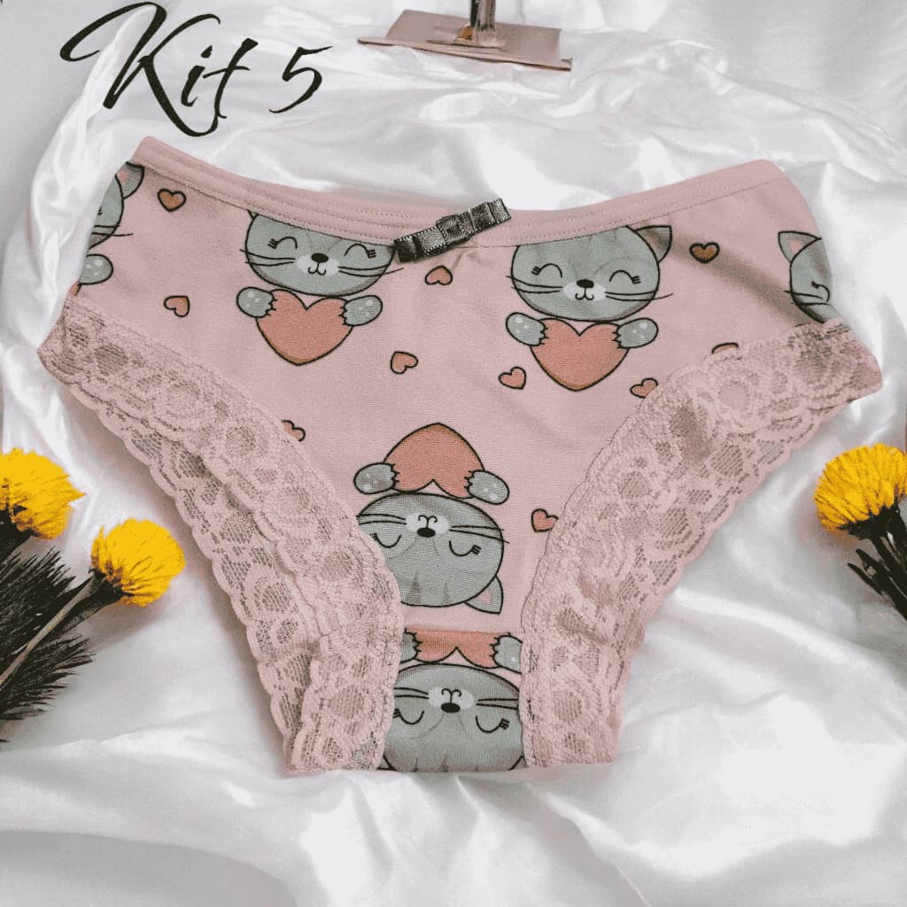 Kit 5 Calcinhas Infantil Estampadas Menina Criança Calcinha Confortável com Renda