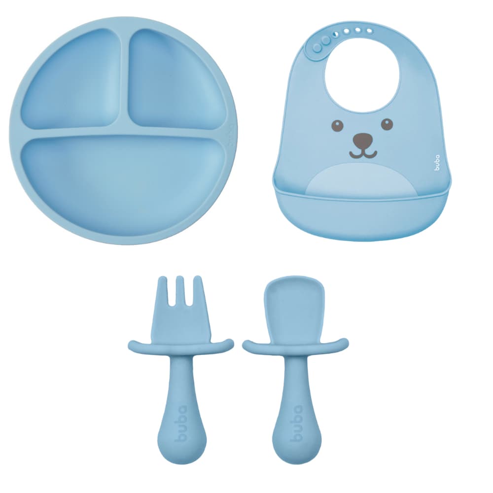 Kit Alimentação Silicone Buba 3pçs Babador Gumy Pratinho Talher Em Silicone Bebe Introdução Azul