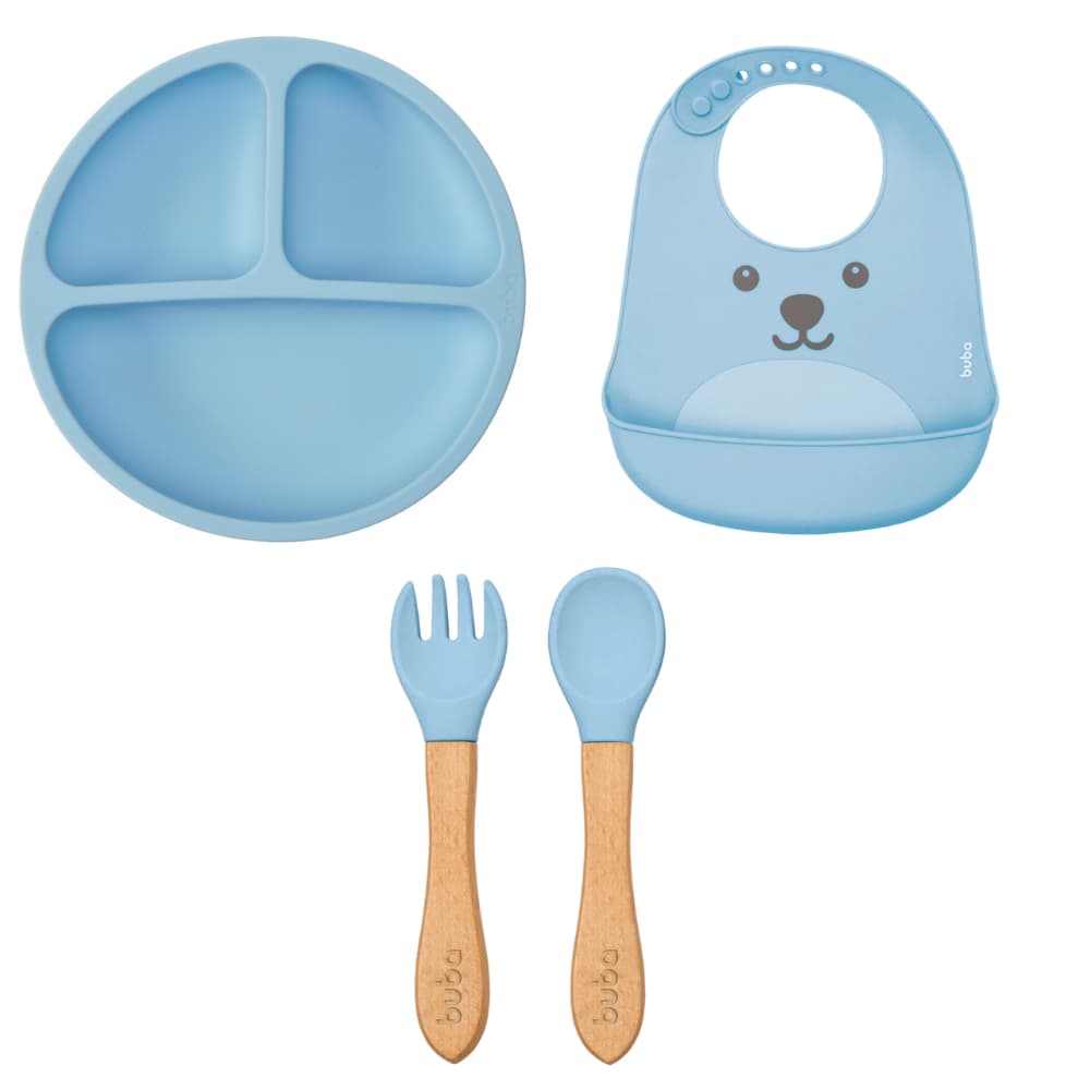 Kit Alimentação Silicone Buba 3pçs Babador Gumy Pratinho Talher Silicone e Bambu Bebe Azul