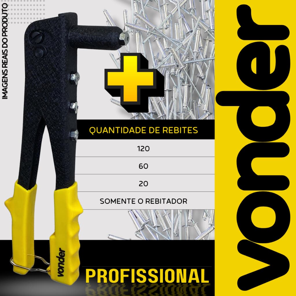 Rebitador Profissional + Rebite, Alicate Rebitadeira Manual 10 POL - 4 Furos, Chave - VONDER