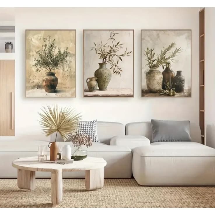 Kit 3 Peças Quadro Decorativo Vasos E Ramos De Oliveira Vintage Moderno Quarto Sala Hall