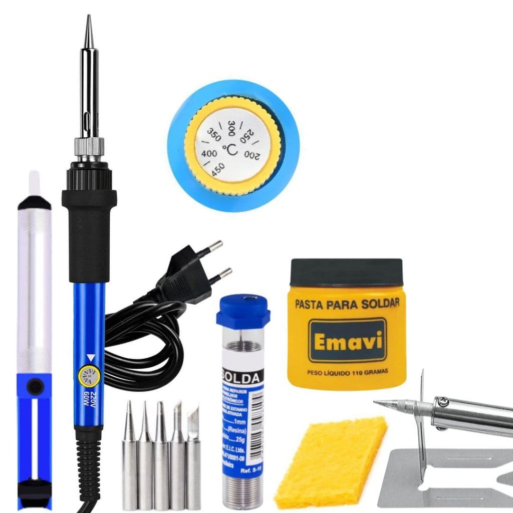 Kit Ferro de Solda Soldador 60w 110v 220v + Estanho + Sugador Solda + Pasta Solda 60w