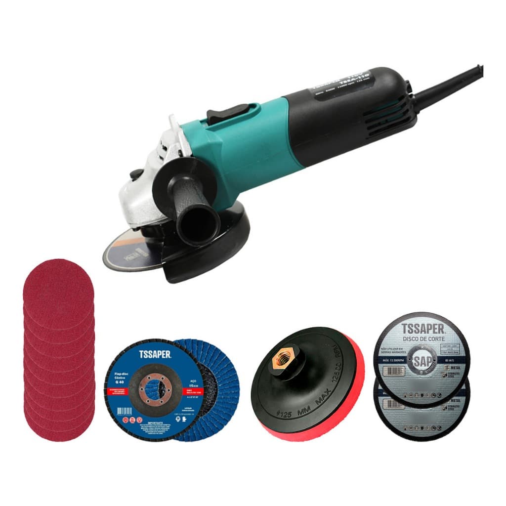 Esmerilhadeira angular 115mm Tssaper TSEA + Discos de Corte e Acessórios