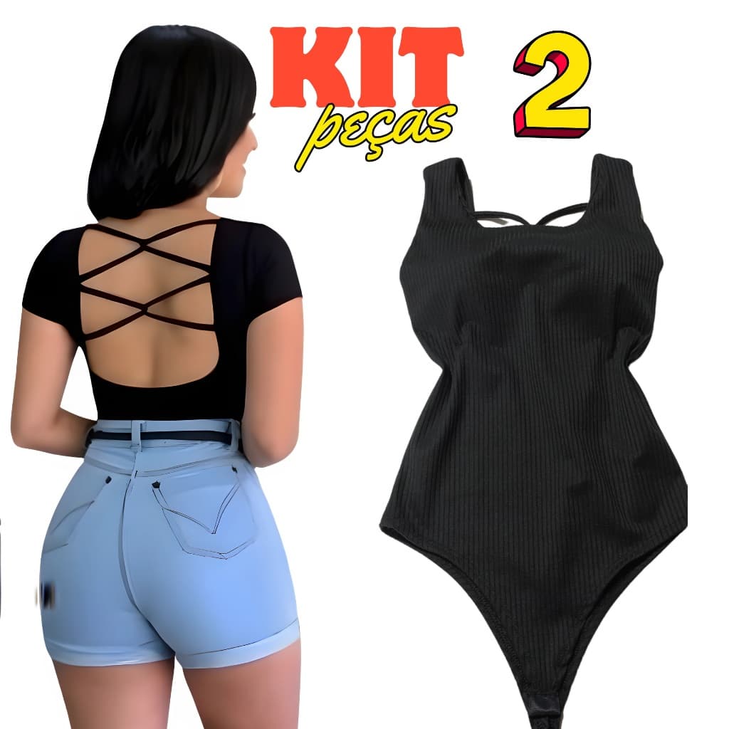 kit 2 Body Feminino Roupas Femininas bode costa nua trançado nas costas canelado PRETO regata manga