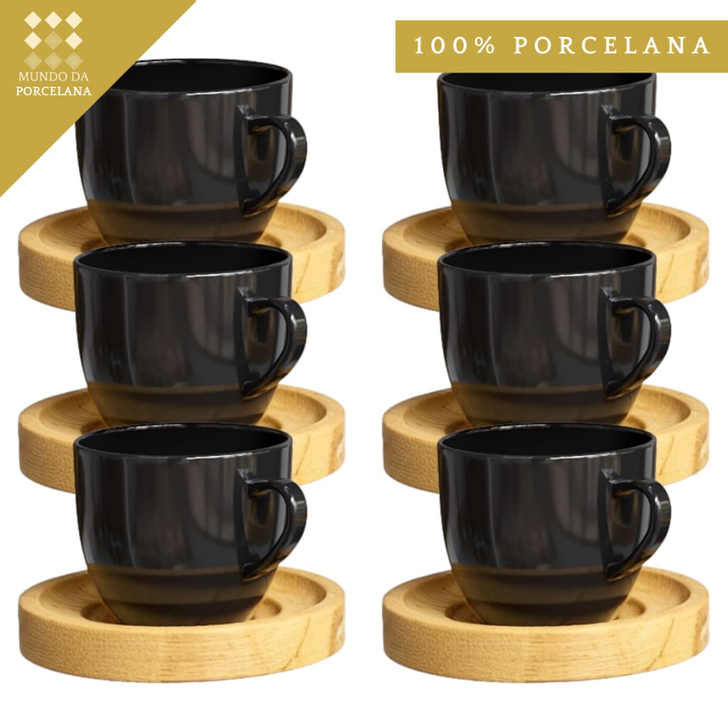 Jogo 6 Xicaras Porcelana Preta Café Chá Com Pires Madeira 12 Peças Decoracao Cozinha Mesa Posta