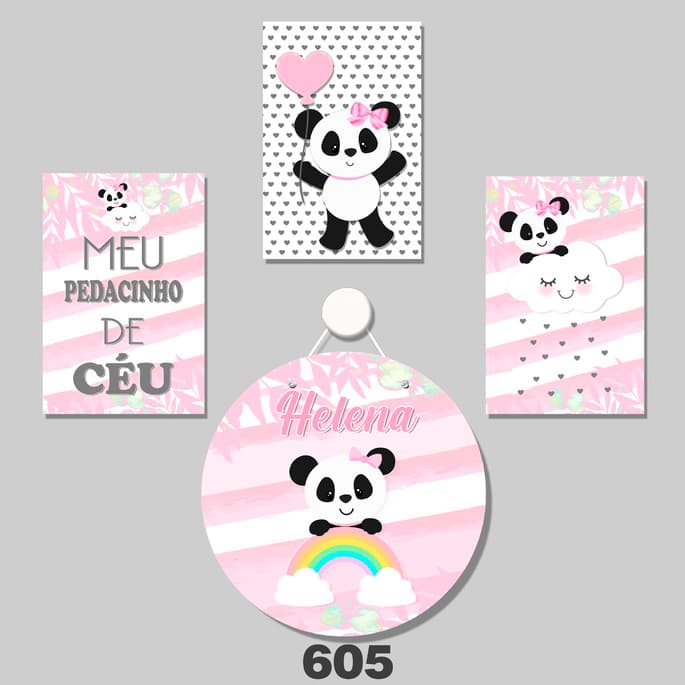 Kit Bebê Quadros Decorativos Criança Berçário Porta de Maternidade Incluso Panda Arco Íris Colorido