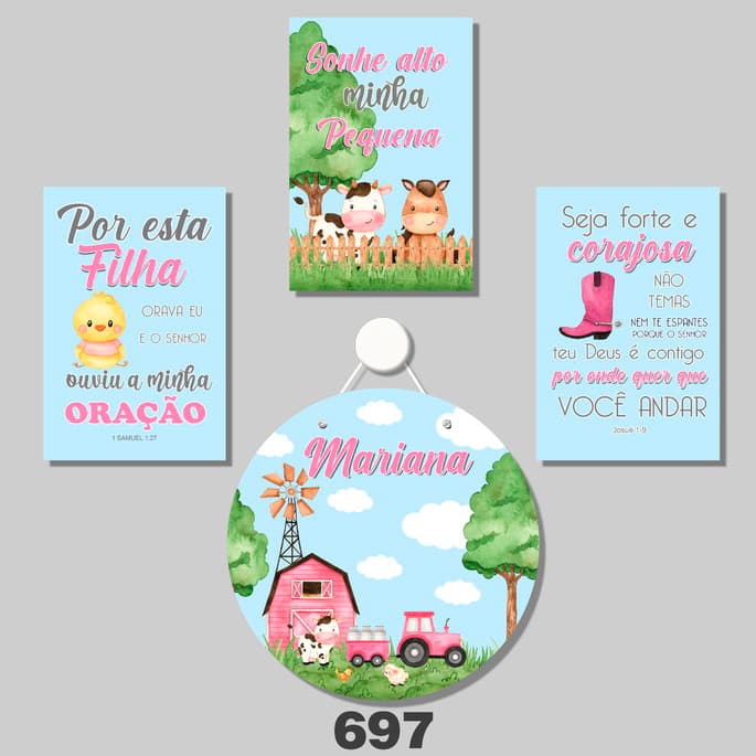 Kit Bebê Quadros Decorativos CriançaPorta de Maternidade  Fazendinha Animal Bichinho Seja Forte
