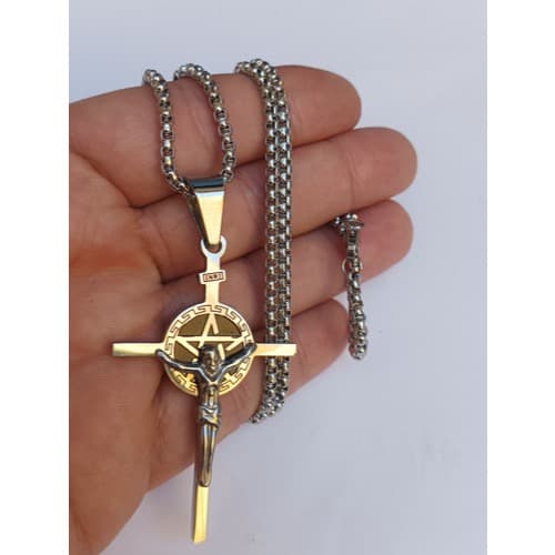 Corrente Com Pingente Em Aço Inox Pentagrama Cruz Jesus
