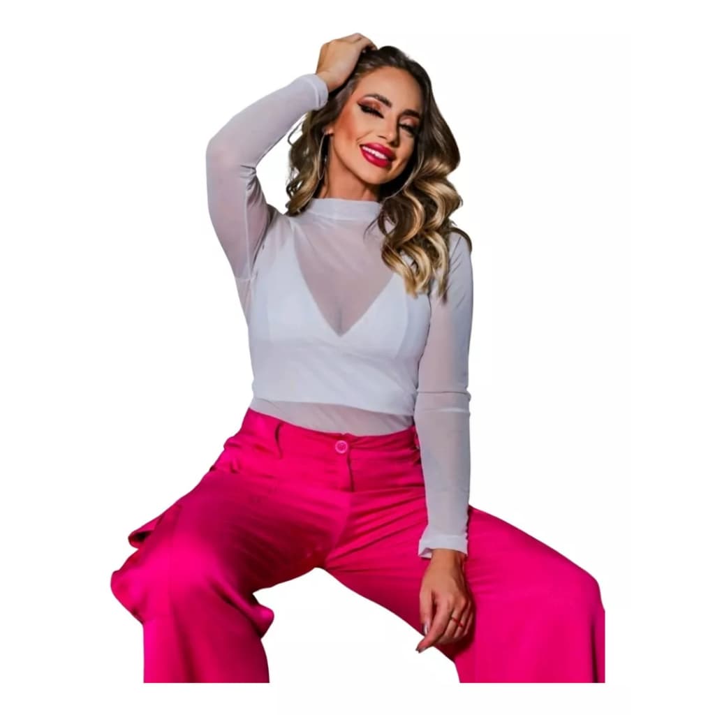 Blusinha Cropped Tule Manga Longa Comprida Transparente Top