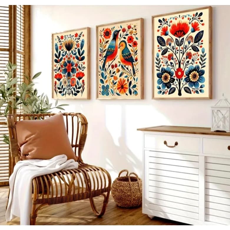 Kit 3 Peças Quadros Decorativos Flores Coloridas E Pássaros Arte Moderna Quarto Sala Copa
