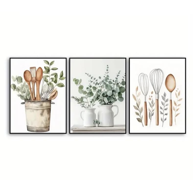 Kit 3 Peças Quadro Decorativo Talheres Flores E Plantas Arte Moderna Para Cozinha Área De Lazer