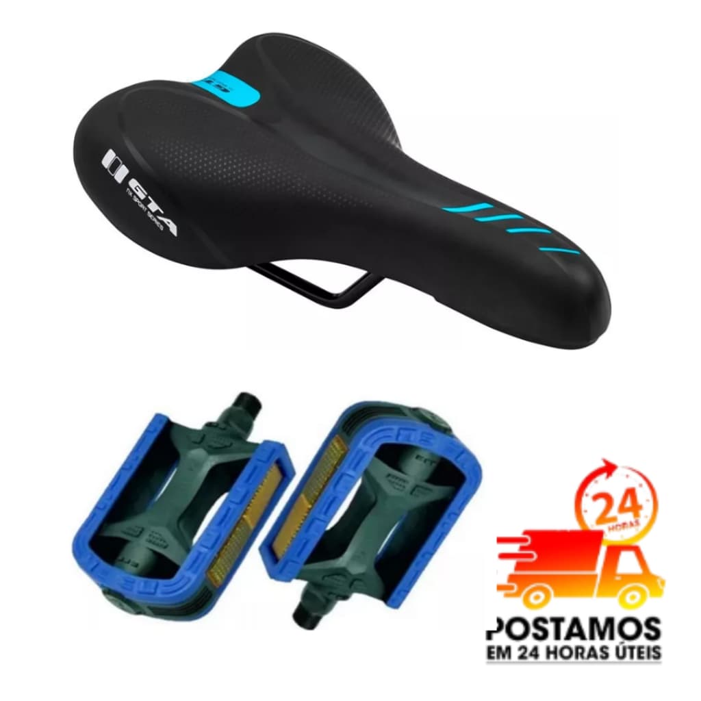 Selim Bike Aro 24 26 29 Banco Gta + Pedal Rosca Grossa 9/16 Bicicleta MTB Urbana com Pedivela de Encaixe
