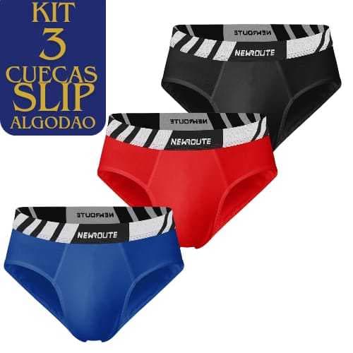 Kit 3 Cuecas Slip Algodao Modelo Cueca Comum com Elastico