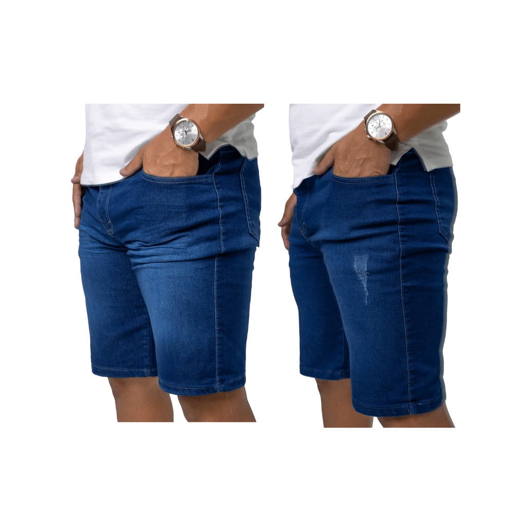 KIT 2 Bermuda Masculina Jeans 1 Azul médio Lisa E 1 Azul Com Puido Com Lycra Elastano