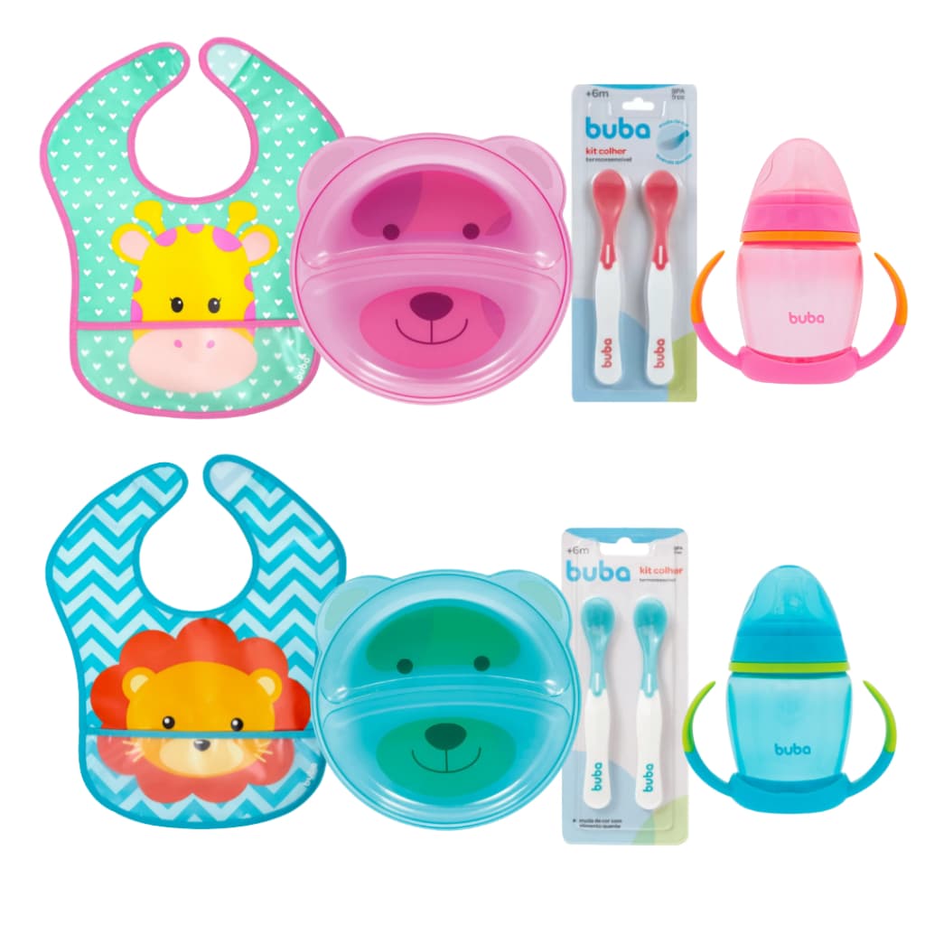 kit Alimentação Bebê Buba Prato Divisória Bebê Copo de Treinamento Babador Colher de Treinamento