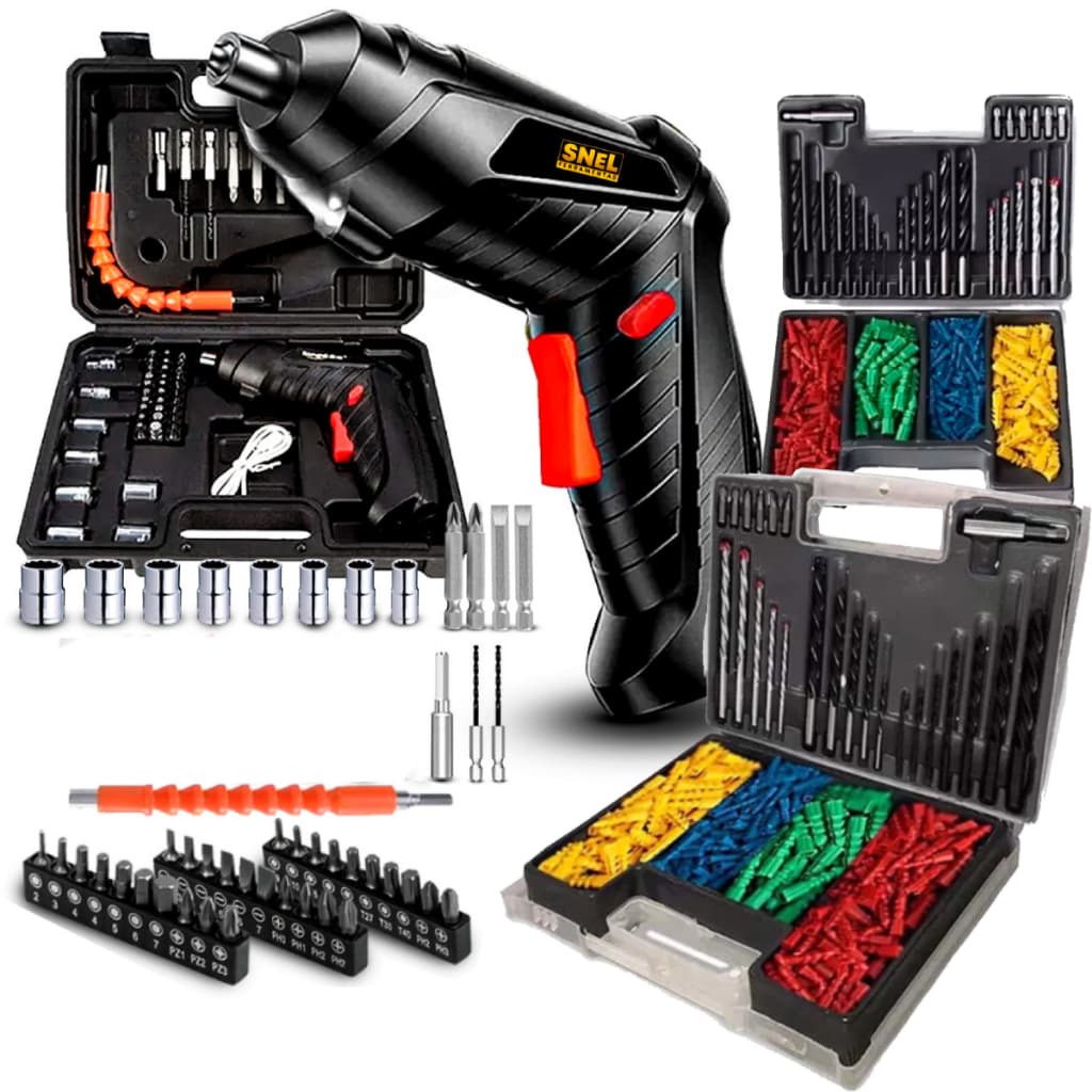Kit Parafusadeira a Bateria 5v Maleta com 47 Acessórios e Jogo de Brocas e Buchas 300 Peças