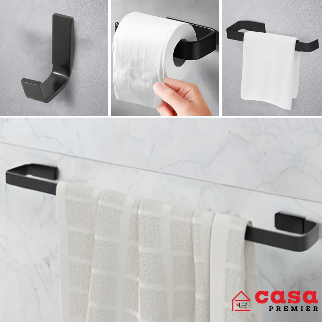 Kit Acessórios Para Banheiro 4 Peças Quadrado Preto Fosco Aluminio Porta Toalha