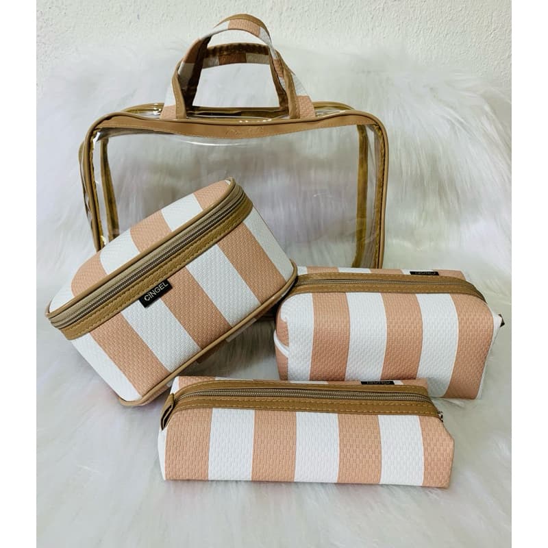 Kit 4 Necessaire Para Maquiagem Transparente Listrada Lisa Com Alça De Mão Fashion Feminino