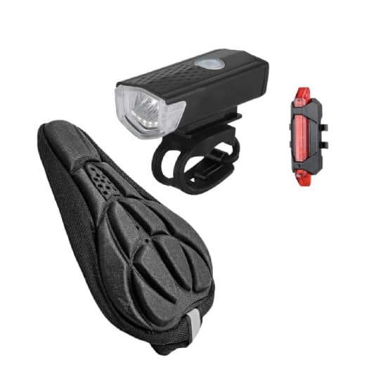 Capa de Banco Anatômica para Banco Selim  + Kit Farol Dianteiro + Sinalizador Traseiro Bike