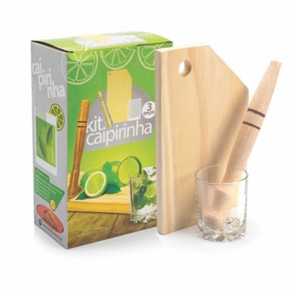 Kit Caipirinha Bar Drinks 3 peças Copo vidro, Tábua, Socador