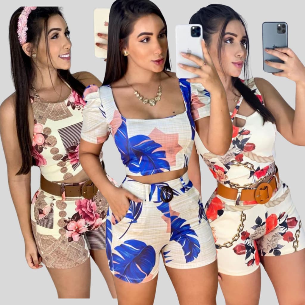 Conjunto Feminino Short com Cinto e Blusa com Bojo Conjuntinho Roupas Femininas