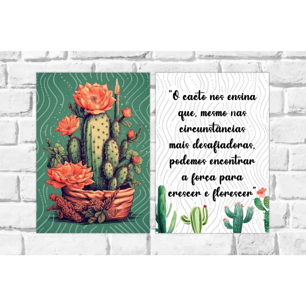 Kit 2 Quadros Tema Verde Cactos Folhagem Quadro Decorativo Florescer 21x30 Frases Decorativas