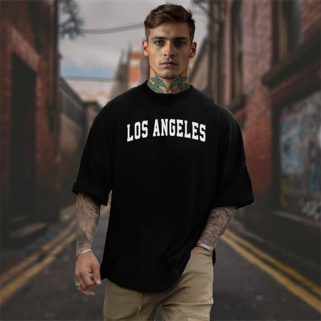 Camiseta Los Angeles Oversized Camisa Masculina Larga StreetWear 100% Algodão Estilo de Rua Grande