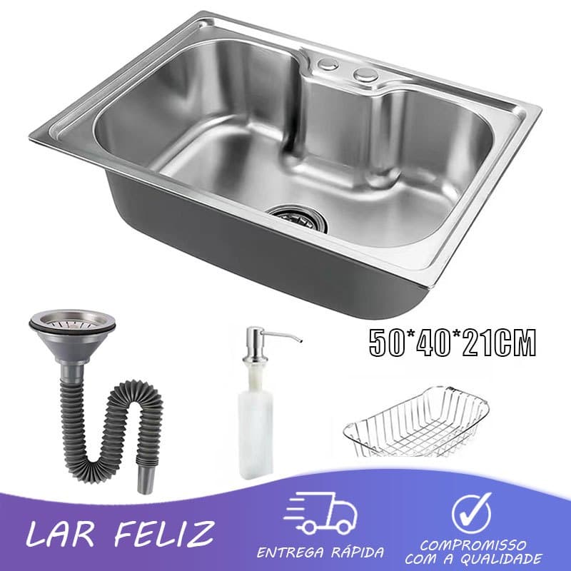 Cuba Para Cozinha Com Acessórios, 50x40x21cm, Gourmet, Com Borracha Anti-ruído, Aço Inox Escovado