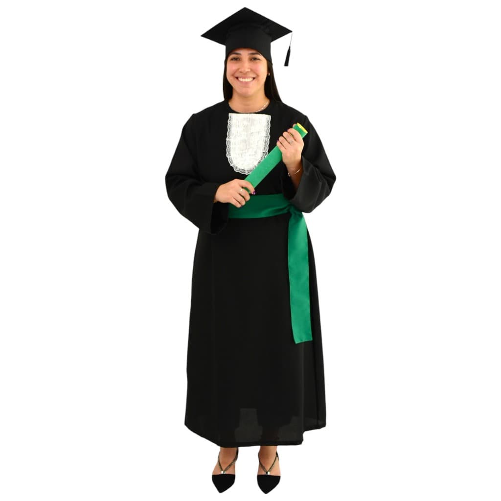 Conjunto Beca Formatura Preto + Capelo + Jabô + Faixa + Canudo - Uniforme