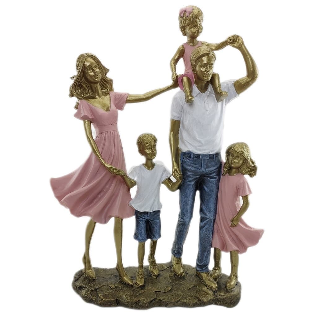 Escultura Familia com três Filhos - Casal c/ duas meninas e um menino Estatueta Decorativa