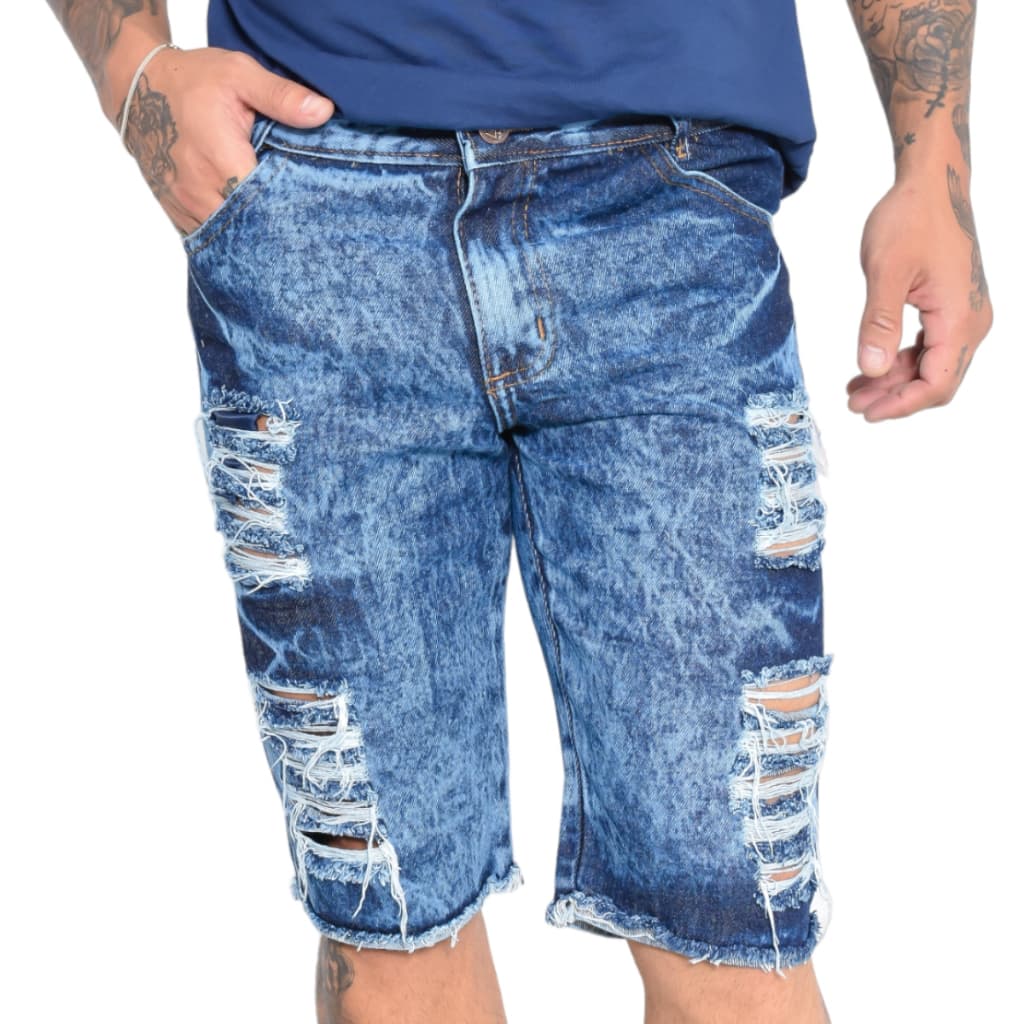 Bermuda Jeans Mr Destroyed Masculina Desfiada Rasgada