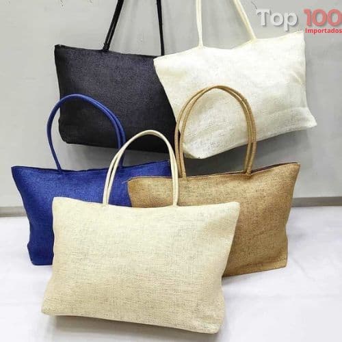 Bolsa Sacola De Praia De Palha Artesanal Com Zíper E Bolso Interno Para Personalizar Grande A001