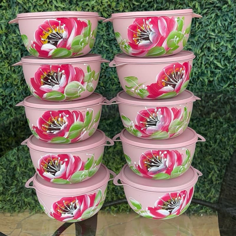 Jogo de 10 Potes 1 litro Bowl Decorado para Armazenamento de Alimentos para Geladeira