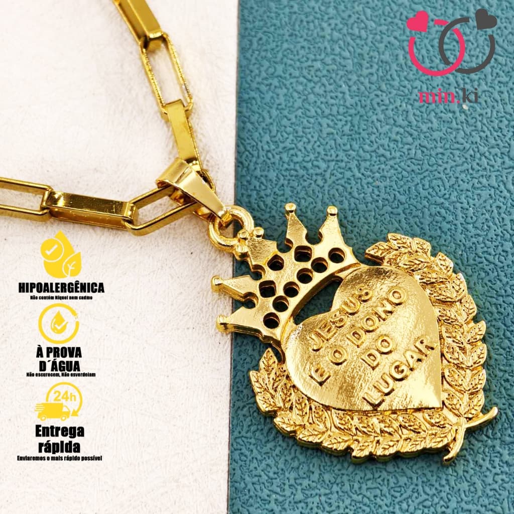 Corrente Cordão Cadeado de Moeda 4MM Antiga  Pingente Face de Jesus Cristo - Fecho Gaveta Banhado