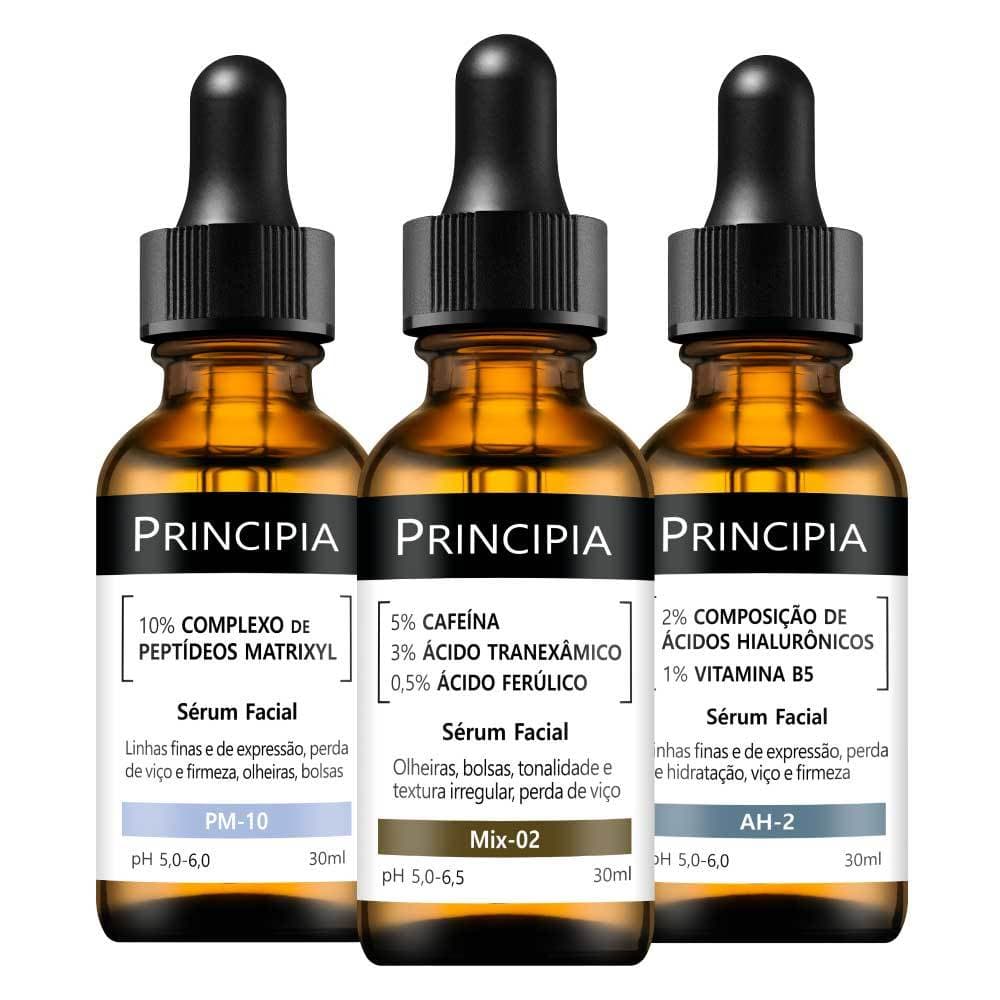 Principia Kit Cuidado Facial Completo c/ 3 Séruns: Ácidos Hialurônicos AH-2+ Peptídeos PM-10 + Sérum AntiOlheiras Mix-02