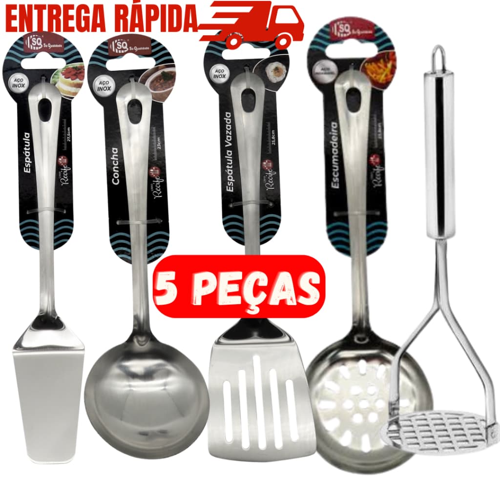 Kit 5 Peças de Utensílios Escumadeira Arroz  Concha Feijão Espátula Hambúrguer Bolo Amassador inox