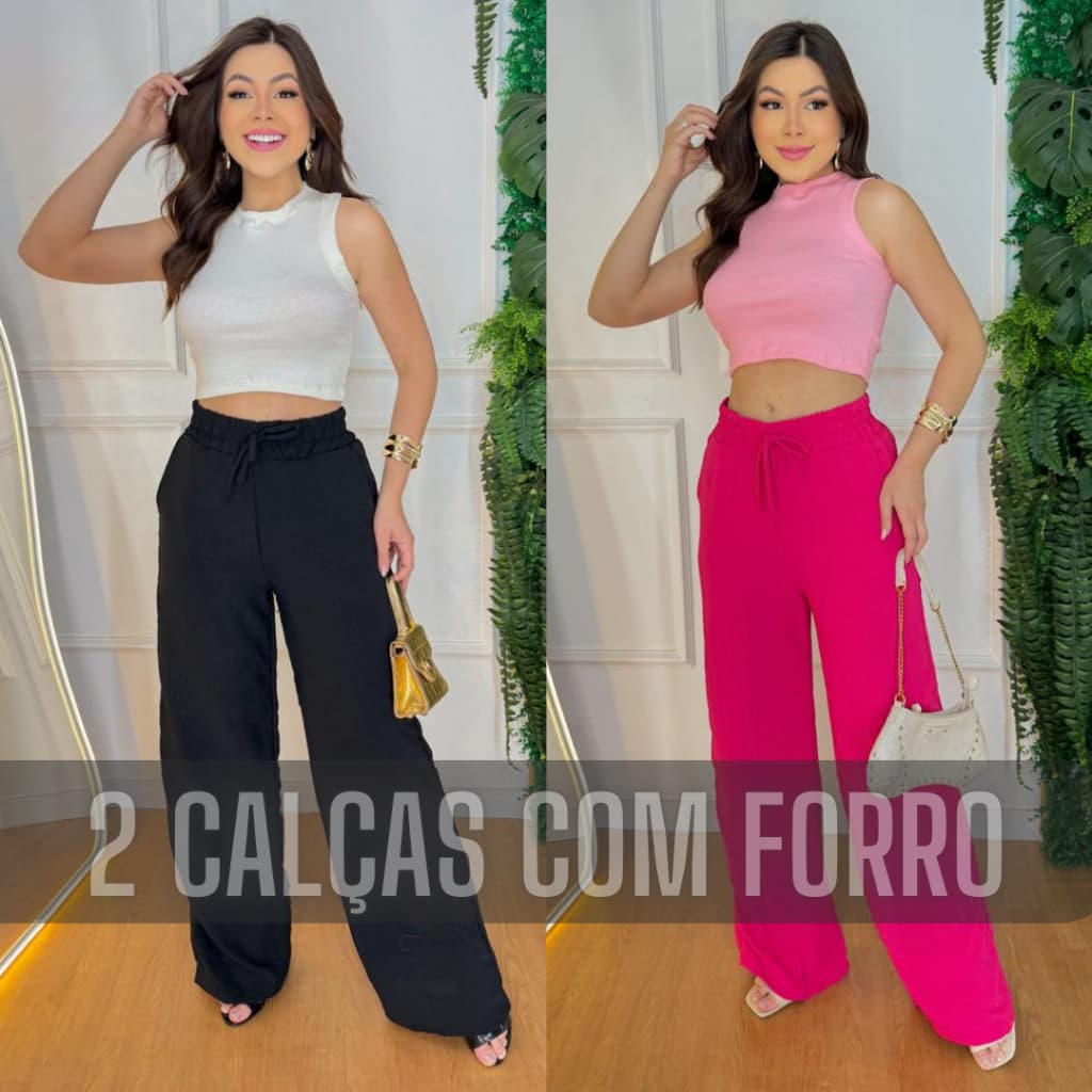 Kit 2 Calça Pantalona Feminina Com Forro e Bolso Lateral