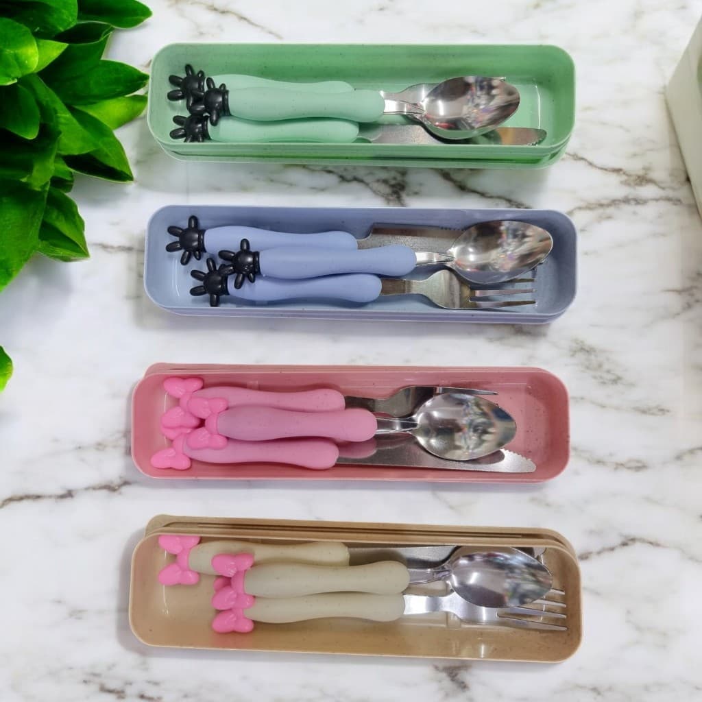 Conjunto de Talheres Infantil Com Garfo Faca Colher De Inox com Recipiente