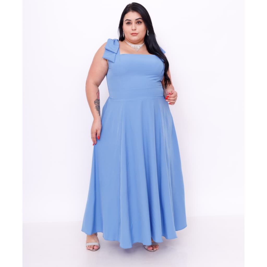 Vestido midi luxo plus size rodado crepinho com laça na manga 40950