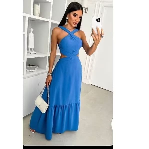 Vestido tecido Duna feminino lançamento costa nua de alça trançada