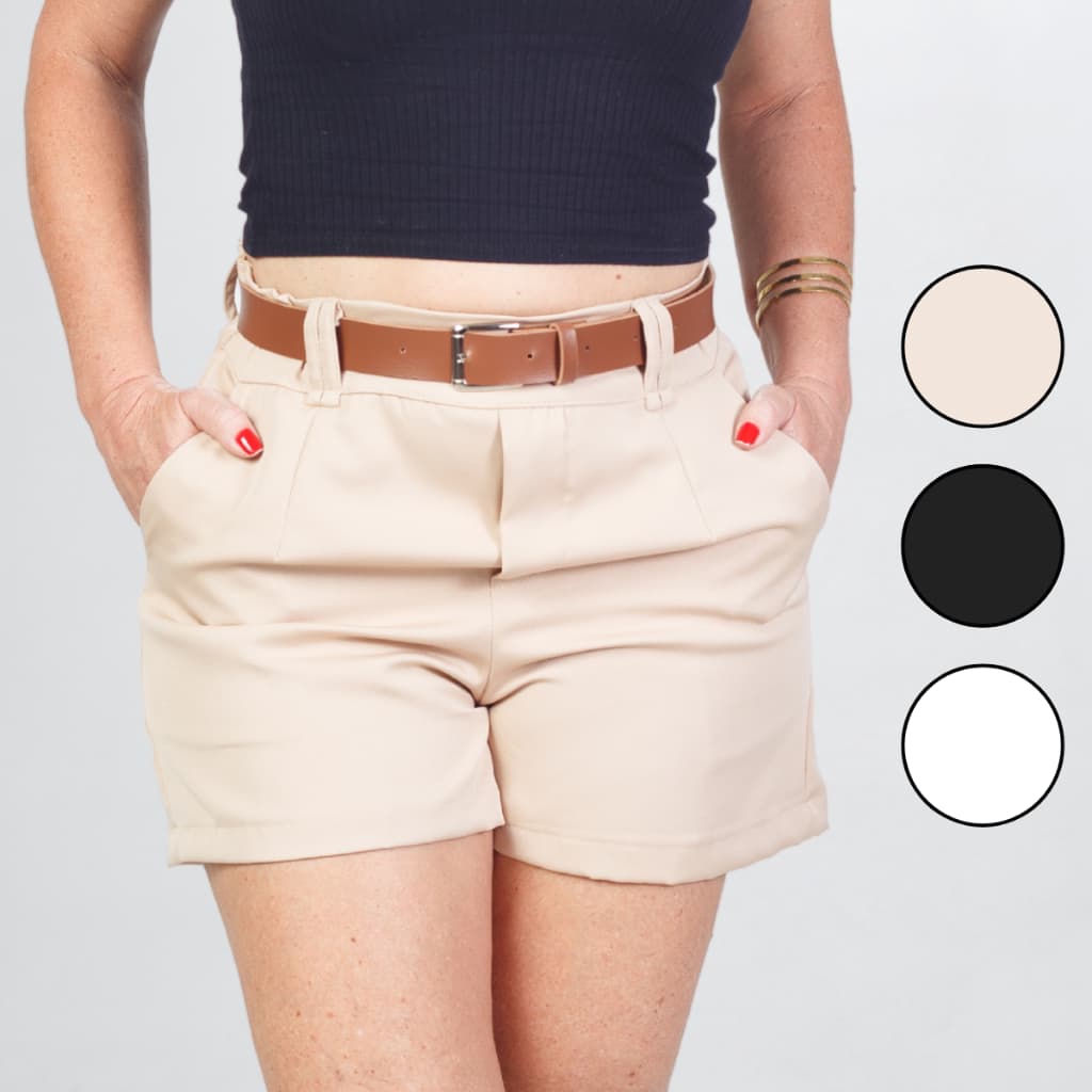Kit 2 Short Alfaiataria Feminino Social Com Cinto Verão Cintura Alta Com Bolso Elegante