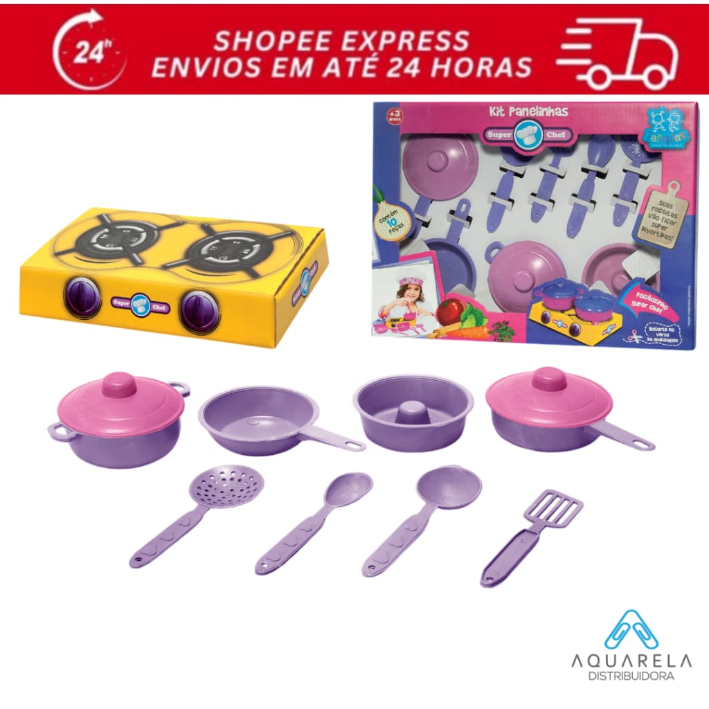 KIT COM 10 UND DO SUPER CHEF 8 PEÇAS, KIT COZINHA INFANTIL, KIT PANELINAS