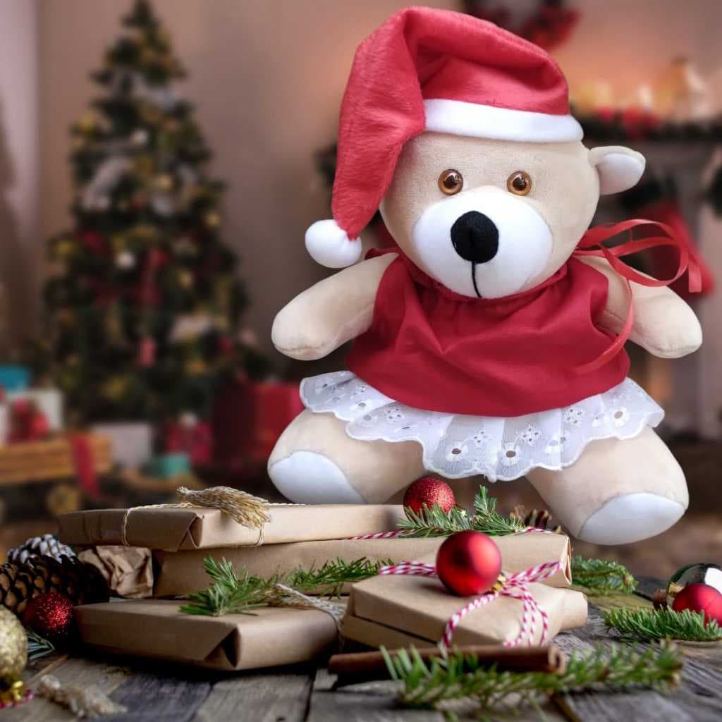 URSINHA DE NATAL DE VESTIDO E GORRO/PELUCIA DE NATAL
