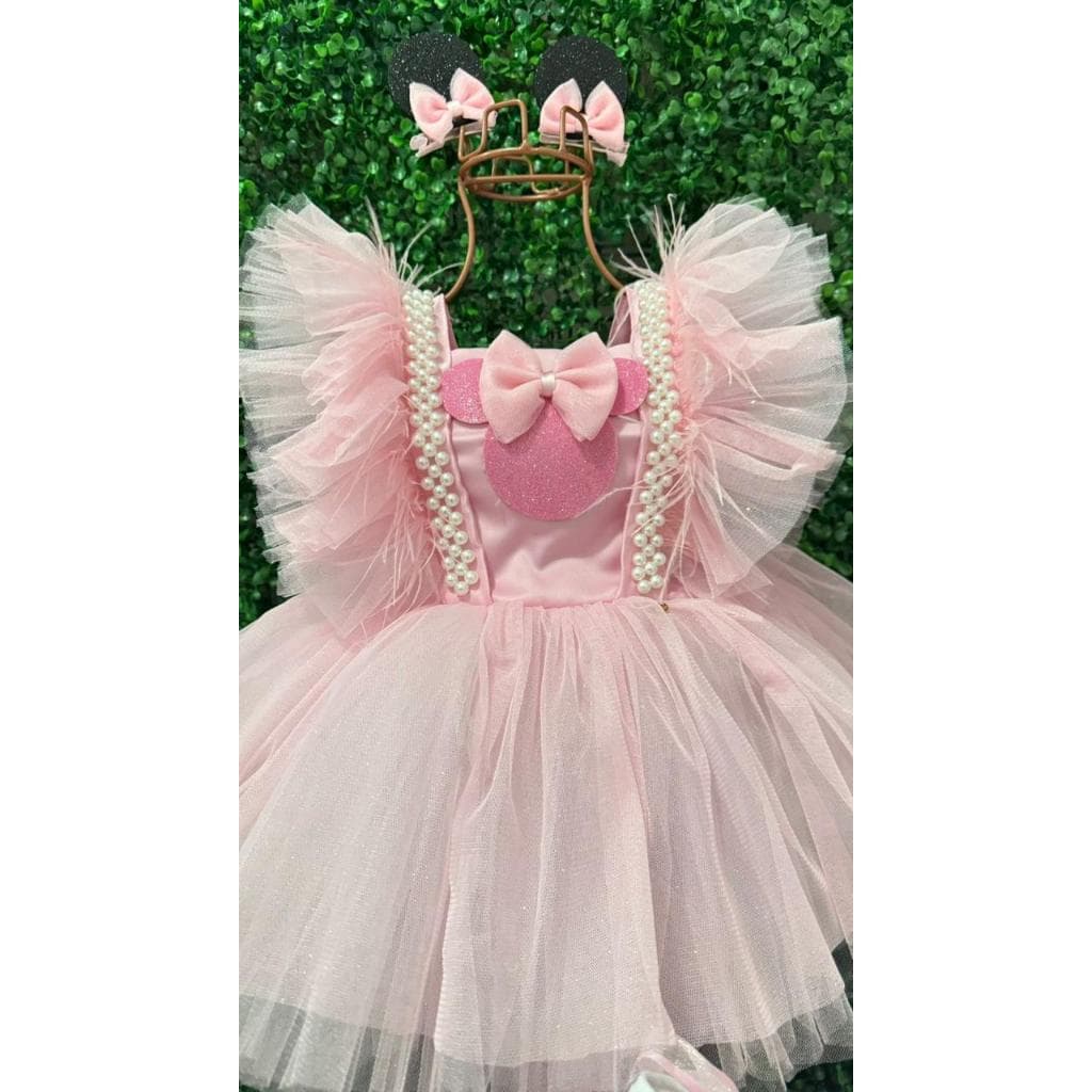Lindo Vestido de Tule Francês Minie Rosa Claro com Presilha Personalizada