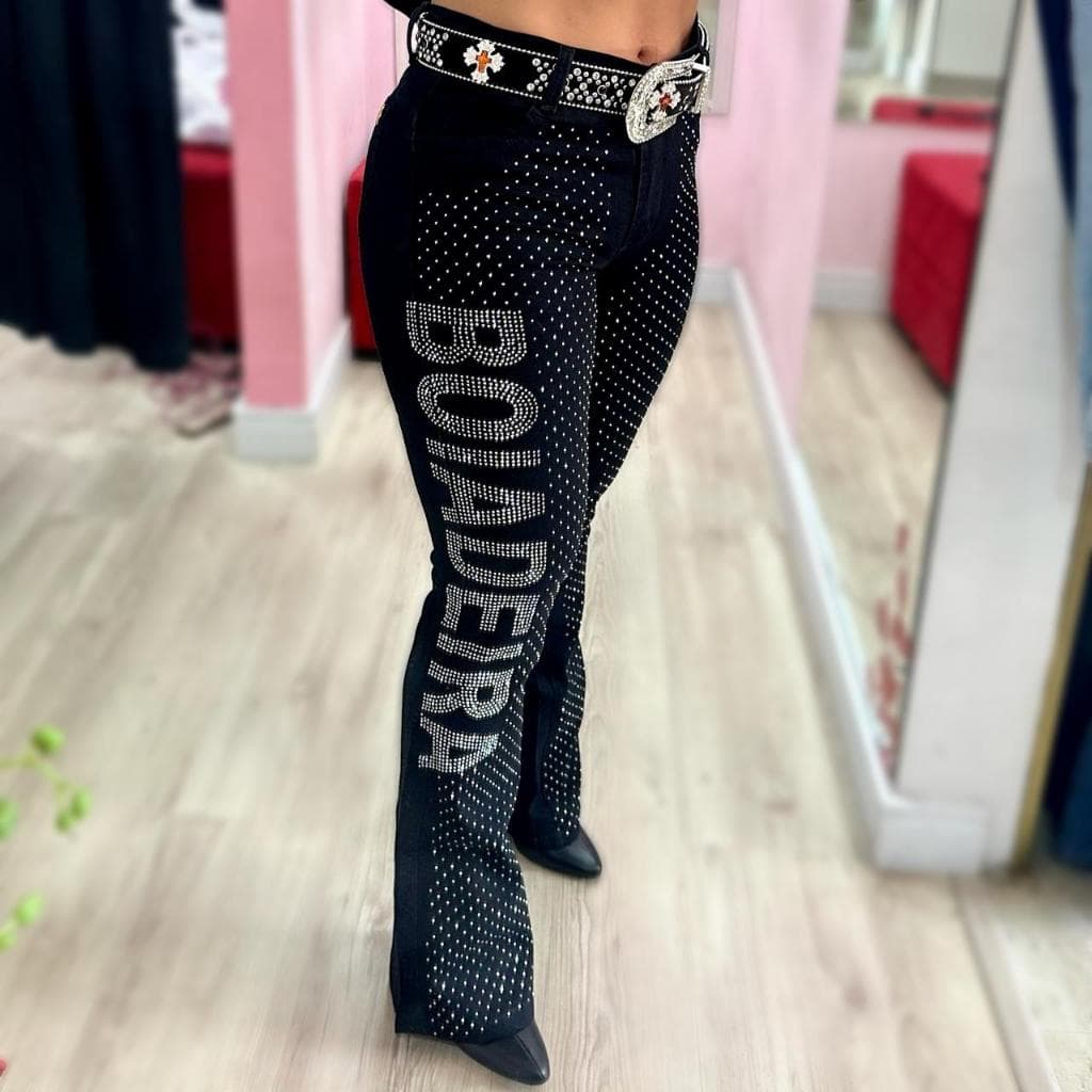 Calça Flare Jeans Feminina Country Rodeio Boiadeira de Luxo Cintura Alta com Brilhos