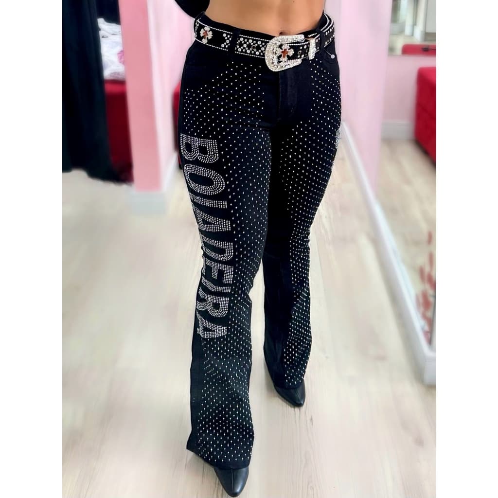 Calça Flare Jeans Feminina Country Rodeio Boiadeira de Luxo Cintura Alta com Strass