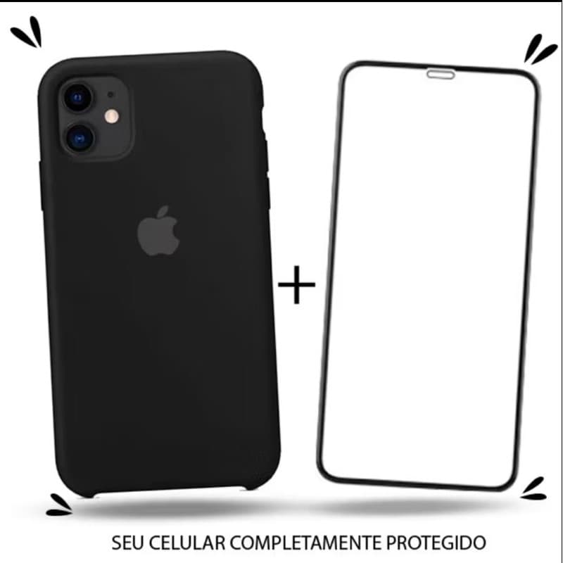 Kit 2em1 Capa + Pelicula Para iPhone 11 - Case Silicone Aveludada + Pelicula de Vidro 3D Full Cover