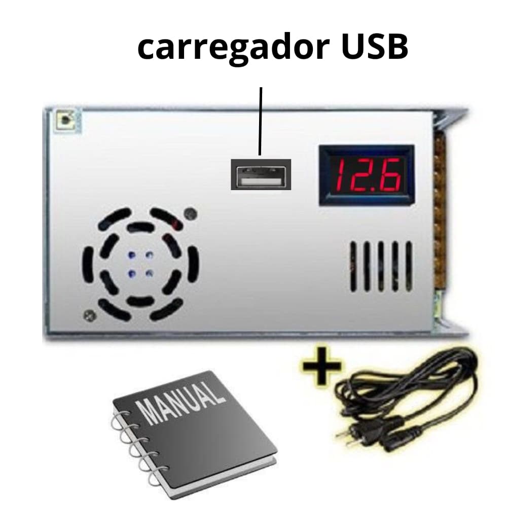 Fonte Automotiva Chaveada 11-15 V 120 A  Ajustável carregador USB Para celular.  USB 5V 0.5 A + Voltímetro VERMELHO