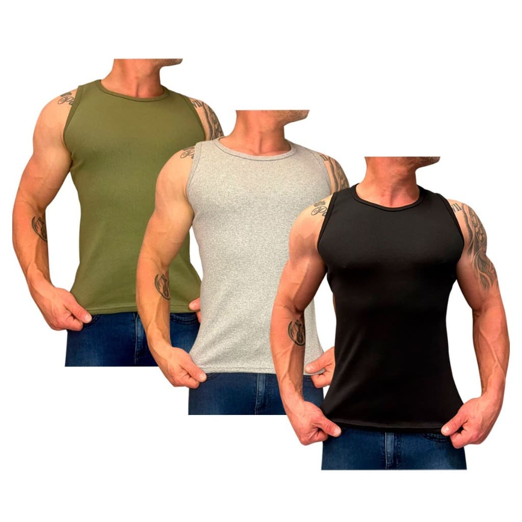 Kit 3 Regatas Americana Masculina Ribana Canelada Justa Camiseta Algodão Academia Tamanho P M G GG