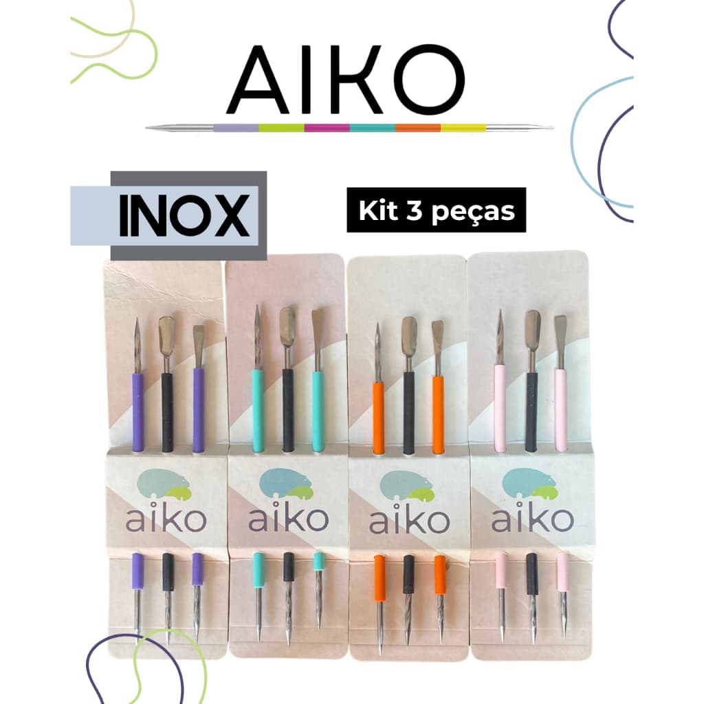 Kit Aiko 3 instrumentos Inox Manicure Pedicure Espátulas, Palito, Desencravador, Bastão